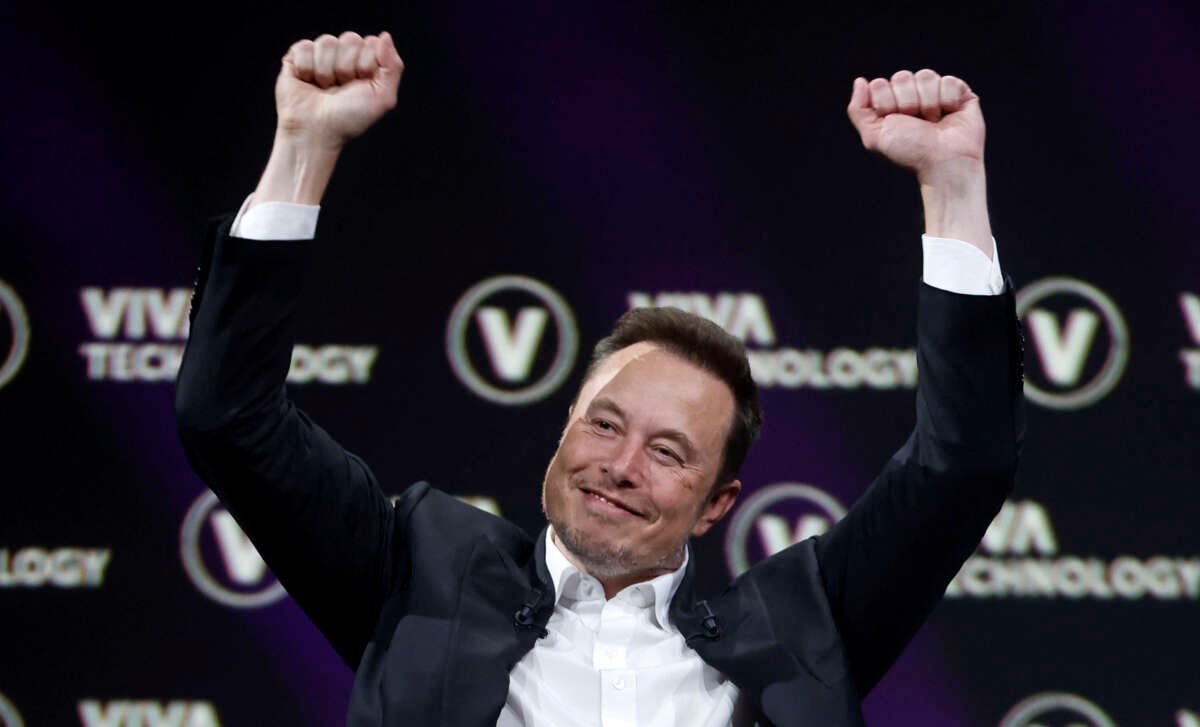 Elon Musk gestures as he attends the Viva Technology conference dedicated to innovation and startups at the Porte de Versailles exhibition centre on June 16, 2023, in Paris, France.