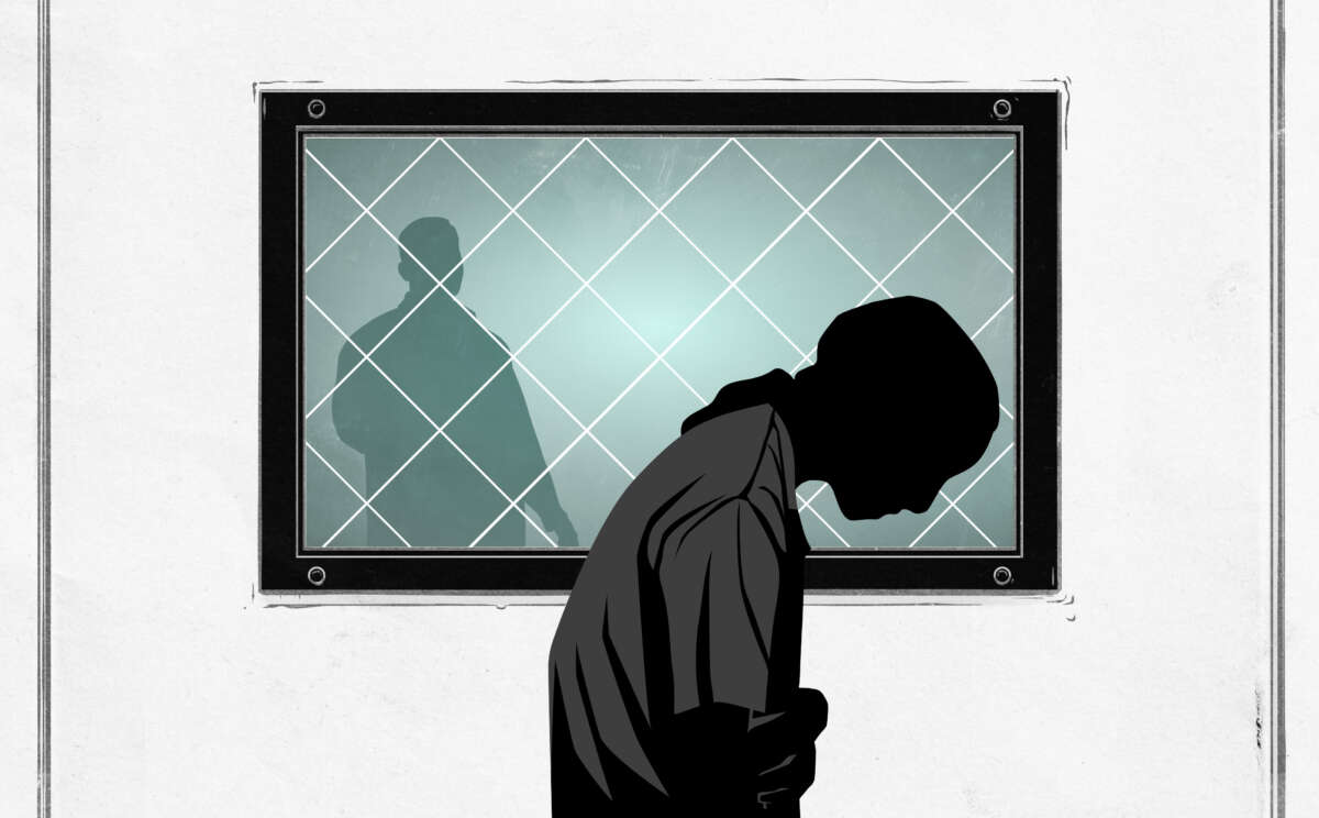 Illustration of young women holding her stomach in pain. In the background is a prison door window through which her father can be seen reaching out.