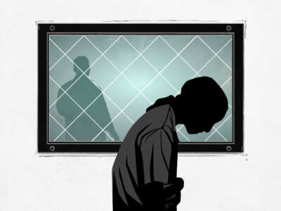 Illustration of young women holding her stomach in pain. In the background is a prison door window through which her father can be seen reaching out.