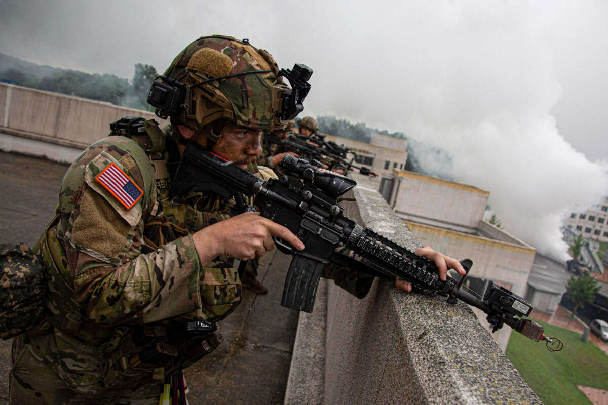 U.S. soldiers from the Second Infantry Division take part in the UFS/TIGER Combined Urban Operations plan as part of the annual Ulchi Freedom Shield drills, at the Wollong Urban Area Operations training center in Paju in Gyeonggi-do, South Korea, on August 23, 2023.