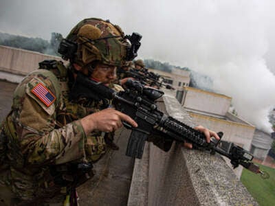 U.S. soldiers from the Second Infantry Division take part in the UFS/TIGER Combined Urban Operations plan as part of the annual Ulchi Freedom Shield drills, at the Wollong Urban Area Operations training center in Paju in Gyeonggi-do, South Korea, on August 23, 2023.