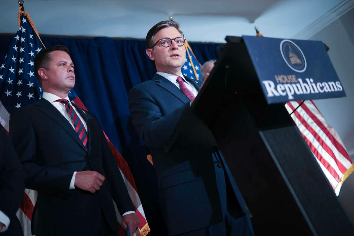 Speaker of the House Mike Johnson (right) answers questions during a press conference with Republican leadership on Capitol Hill on September 18, 2024, in Washington, D.C.