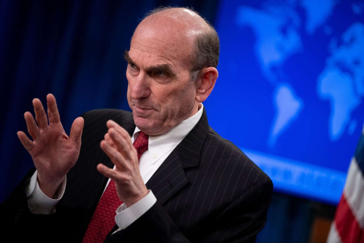 Then-special representative for Venezuela (and later Iran) under the Trump administration, Elliott Abrams, speaks during a briefing at the U.S. Department of State on February 18, 2020, in Washington, D.C.