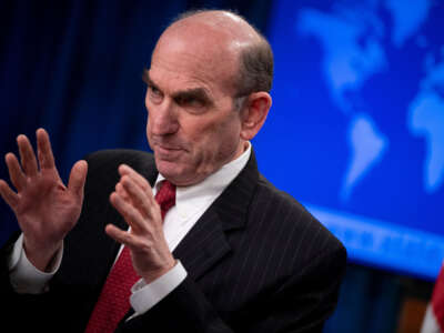 Then-special representative for Venezuela (and later Iran) under the Trump administration, Elliott Abrams, speaks during a briefing at the U.S. Department of State on February 18, 2020, in Washington, D.C.