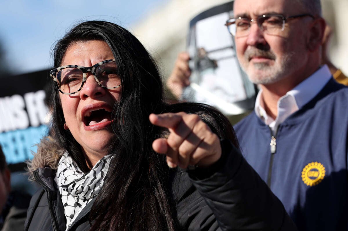 Rep. Rashida Tlaib speaks alongside Shawn Fain, President of the United Automobile Workers, at a press conference calling for a ceasefire in the Middle East outside of the U.S. Capitol on December 14, 2023, in Washington, D.C.