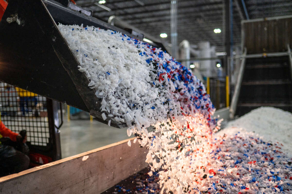 Plastic is loaded onto a conveyer belt at ExxonMobil's chemical recycling plant on October 11, 2023, in Baytown, Texas.