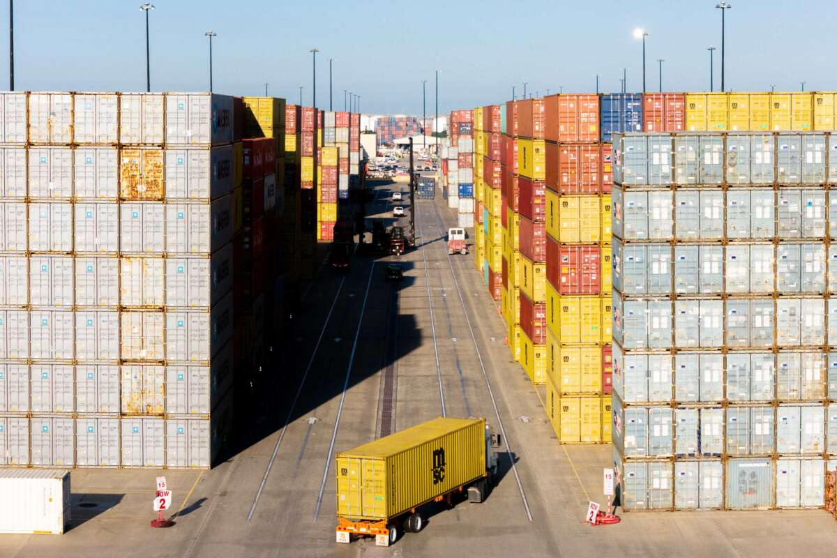 In an aerial view, operations are seen in the Port of Houston Authority on September 20, 2024, in Harris County, Texas.