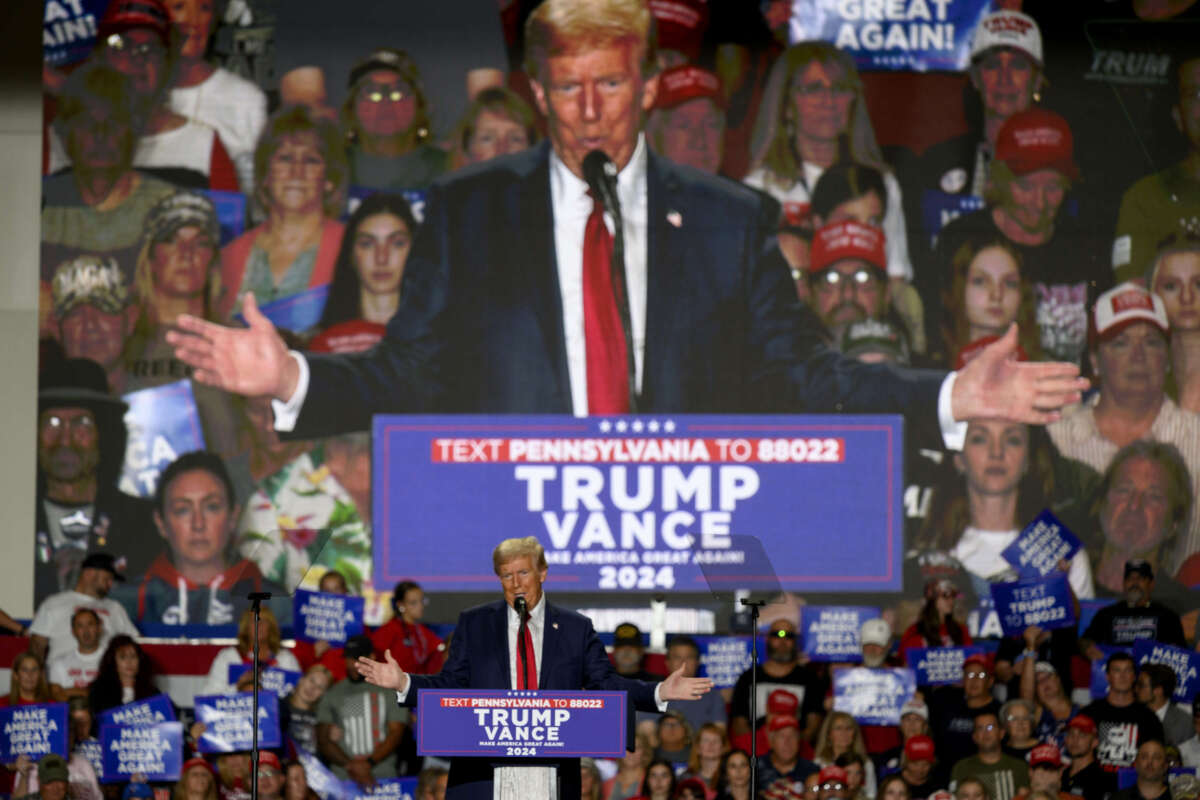 Republican presidential nominee, former President Donald Trump speaks at a campaign rally at the Bayfront Convention Center on September 29, 2024, in Erie, Pennsylvania.