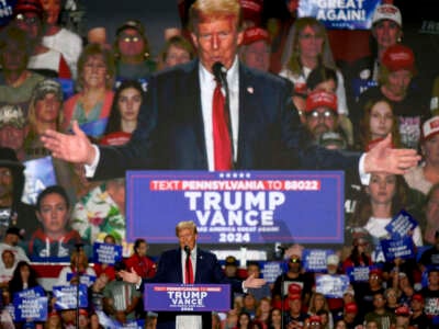 Republican presidential nominee, former President Donald Trump speaks at a campaign rally at the Bayfront Convention Center on September 29, 2024, in Erie, Pennsylvania.