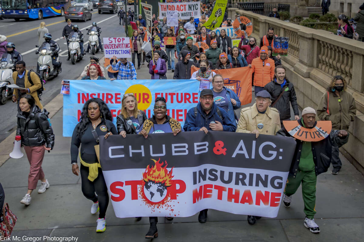 Better Brazoria’s Melanie Oldham and Manning Rollerson join the Insure Our Future Global Week of Action in February 2024, leading a 100 person march in Manhattan, stopping at AIG, Chubb and Tokio Marine offices.