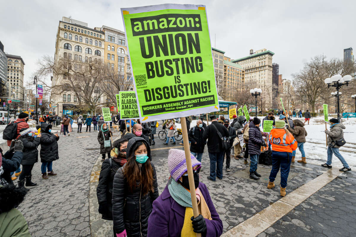 Members of the Workers Assembly Against Racism gathered across from Jeff Bezos-owned Whole Foods Market in Union Square South for a nation-wide solidarity event with the unionizing Amazon workers in Bessemer, Alabama, on February 20, 2021.