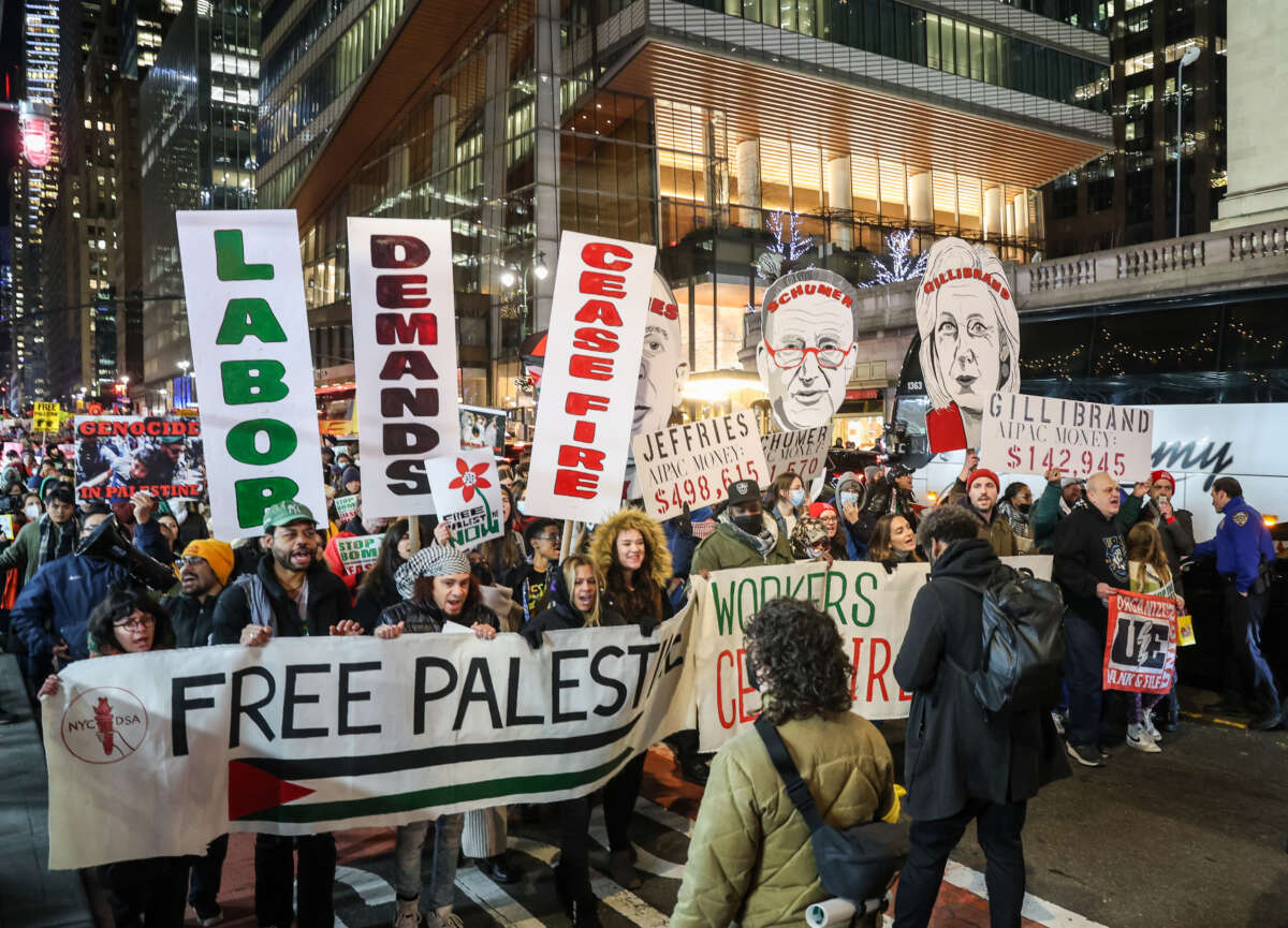 Thousands of pro-Palestine Americans march from Bryant Park to the American Israel Public Affairs Committee (AIPAC) Headquarters in New York City, led by labor unions calling for a ceasefire on December 21, 2023, in New York City.