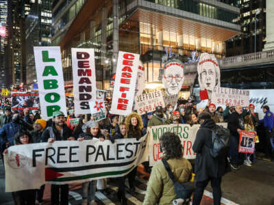 Thousands of pro-Palestine Americans march from Bryant Park to the American Israel Public Affairs Committee (AIPAC) Headquarters in New York City, led by labor unions calling for a ceasefire on December 21, 2023, in New York City.