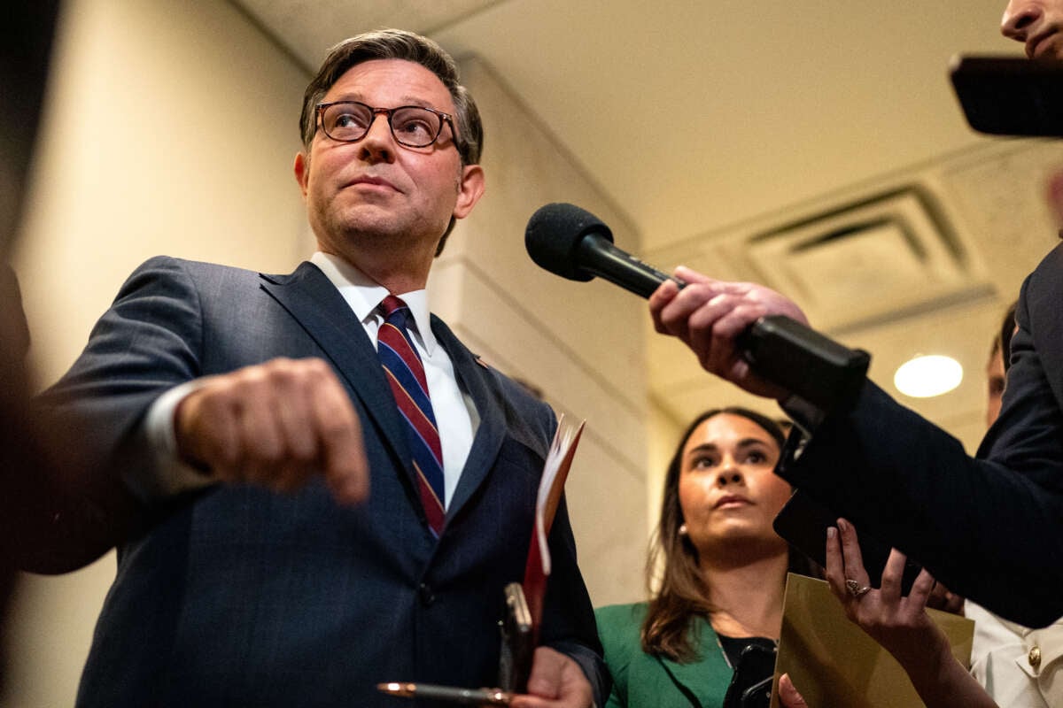 Speaker of the House Mike Johnson speaks to reporters about the resignation of United States Secret Service Director Kimberly Cheatle at the U.S. Capitol on July 23, 2024, in Washington, D.C.