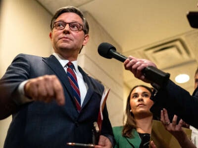 Speaker of the House Mike Johnson speaks to reporters about the resignation of United States Secret Service Director Kimberly Cheatle at the U.S. Capitol on July 23, 2024, in Washington, D.C.