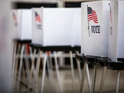 Voting booths in Bethlehem Lutheran Church in Lansing, Michigan, during the statewide primary on August 6, 2024.