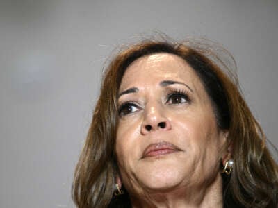 Vice President and Democratic presidential candidate Kamala Harris looks on during a campaign rally at the International Brotherhood of Electrical Workers (IBEW) Local 5 in Pittsburgh, Pennsylvania, on September 2, 2024.