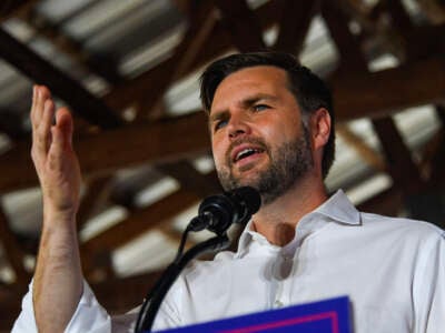 Republican vice presidential nominee, U.S. Sen. J.D. Vance, speaks to a crowd during a rally at the Berks County Fairgrounds on September 21, 2024, in Leesport, Pennsylvania.