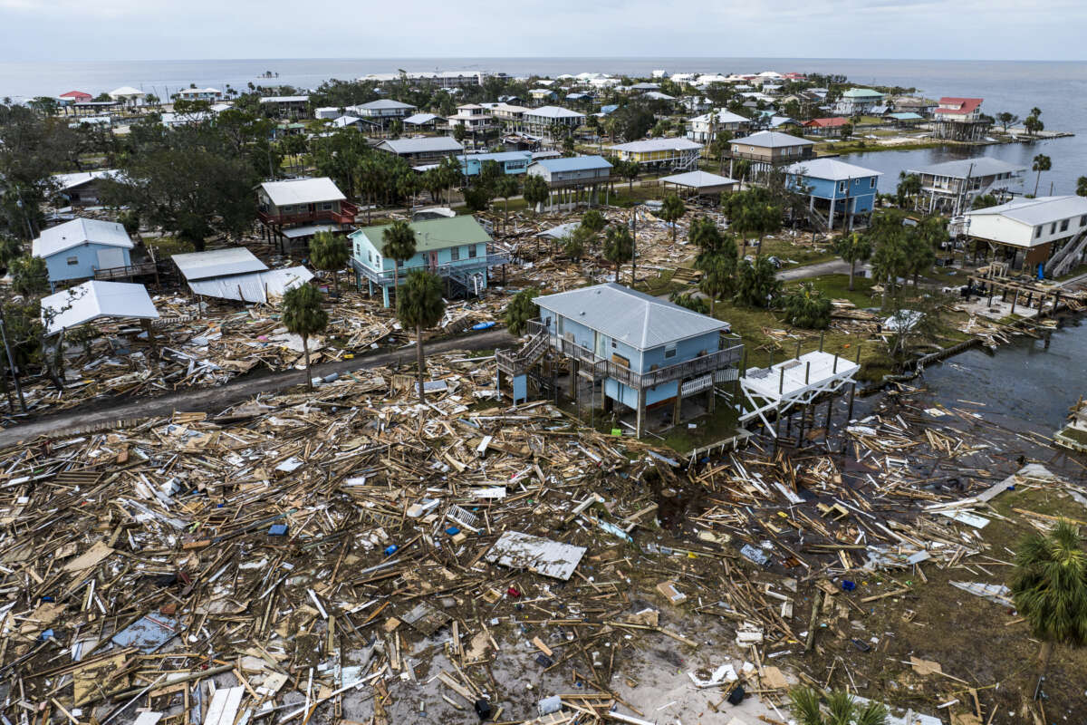 An aerial view of damaged houses are seen after Hurricane Helene made landfall in Horseshoe Beach, Florida, on September 28, 2024.