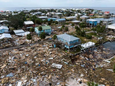 An aerial view of damaged houses are seen after Hurricane Helene made landfall in Horseshoe Beach, Florida, on September 28, 2024.