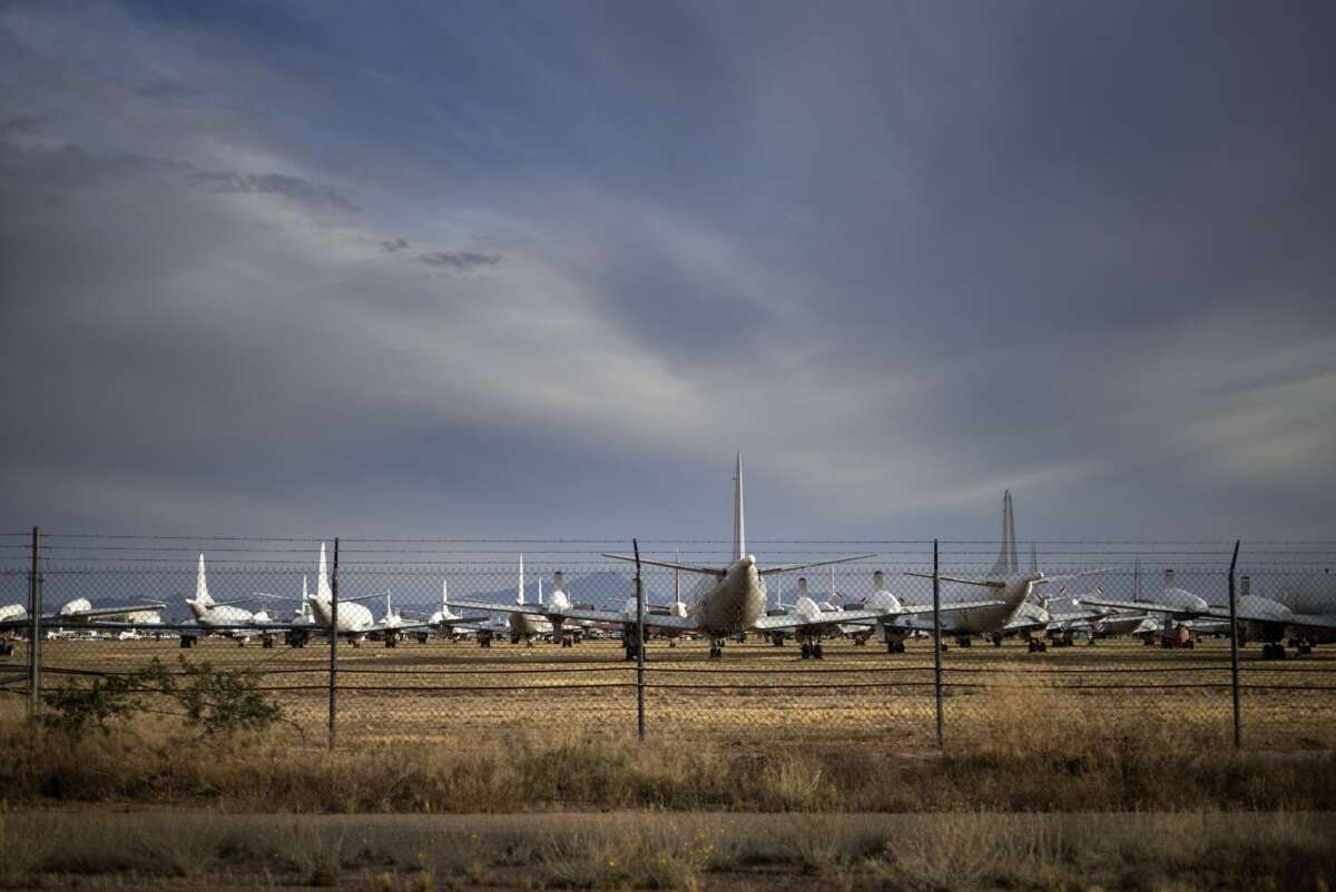 Aircraft are seen being stored at the Aerospace Maintenance and Regeneration Group on Davis-Monthan Air Force Base on May 12, 2015, in Tucson, Arizona.