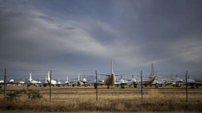 Aircraft are seen being stored at the Aerospace Maintenance and Regeneration Group on Davis-Monthan Air Force Base on May 12, 2015, in Tucson, Arizona.