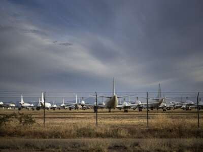 Aircraft are seen being stored at the Aerospace Maintenance and Regeneration Group on Davis-Monthan Air Force Base on May 12, 2015, in Tucson, Arizona.