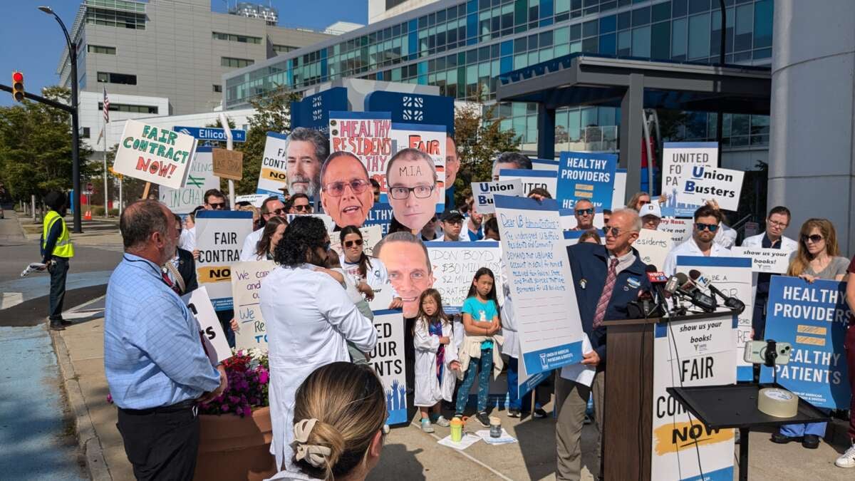 Dr. Stuart Bussey, president of the Union of American Physicians and Dentists, speaks at a Wednesday press conference for striking medical residents in Buffalo.