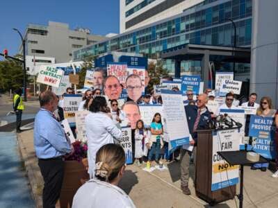 Dr. Stuart Bussey, president of the Union of American Physicians and Dentists, speaks at a Wednesday press conference for striking medical residents in Buffalo.