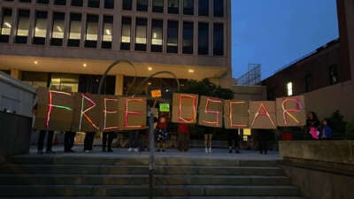 A vigil is held outside of an Immigration and Customs Enforcement field office the day before Oscar Bermudes was scheduled to be deported back to El Salvador after 20 years of living in the U.S. with his family, in Newark, New Jersey, on June 21, 2023.