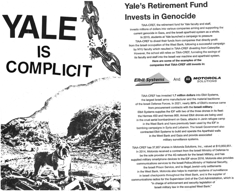 Page from anonymous zine on Yale’s endowment’s ties, “Yale is Complicit.”