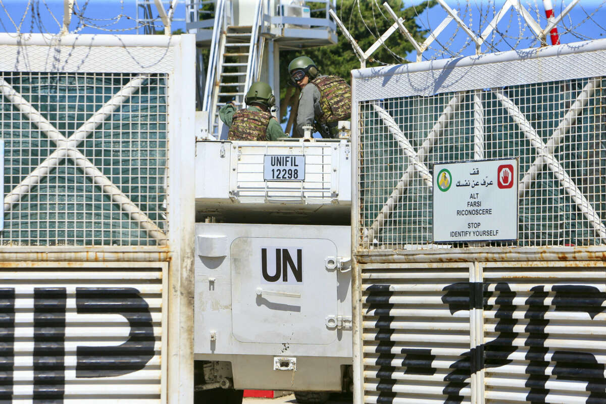 A UNIFIL (United Nations Interim Force in Lebanon) armored vehicle enters a UN base in the southern Lebanese village of Mansouri, near the border with Israel, on April 17, 2024.