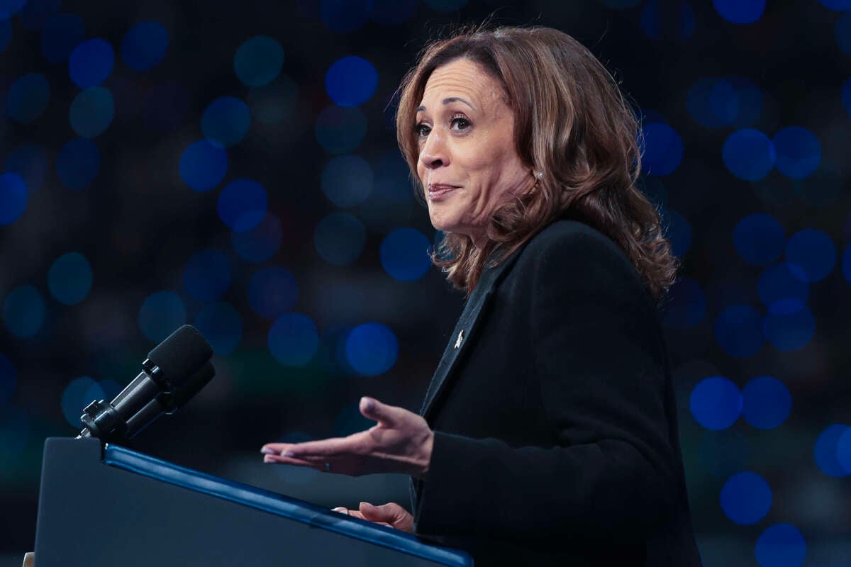 Democratic presidential nominee, Vice President Kamala Harris speaks at a campaign rally at the Greensboro Coliseum on September 12, 2024, in Greensboro, North Carolina.