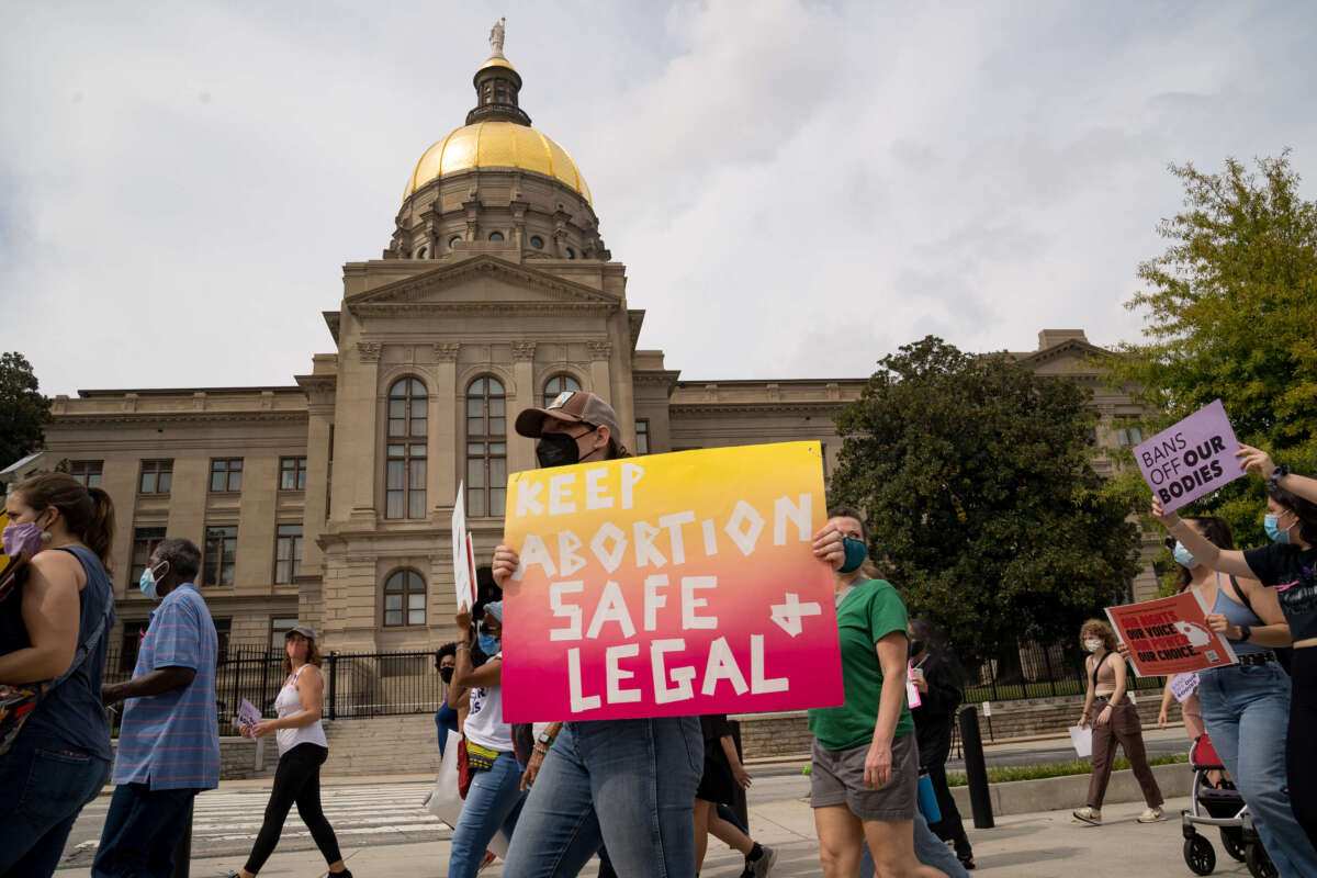 Demonstrators rally in support of women's reproductive rights at the Georgia State Capitol on October 2, 2021, in Atlanta, Georgia.