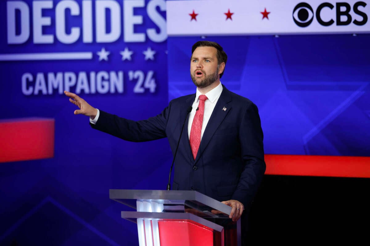 Sen. J.D. Vance speaks during the vice-presidential debate at CBS Studios on October 1, 2024, in New York City.