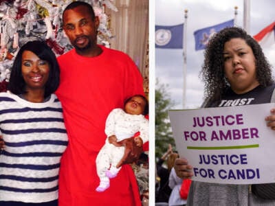 Left: Brittany Smith, program director for SisterSong, one of the plaintiffs in the case against the ban, attended Saturday’s vigil for Thurman and Miller. Right: Candi Miller with her husband, Alex Cardenas; son Christian; and daughter Turiya, whom she named after her sister.