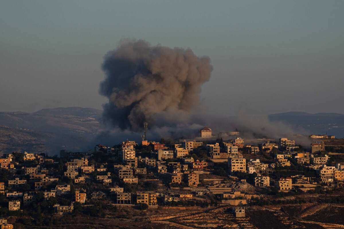 Smoke rises from the site of an Israeli airstrike on the town of Khiam on October 3, 2024, near Marjaayoun, Lebanon.