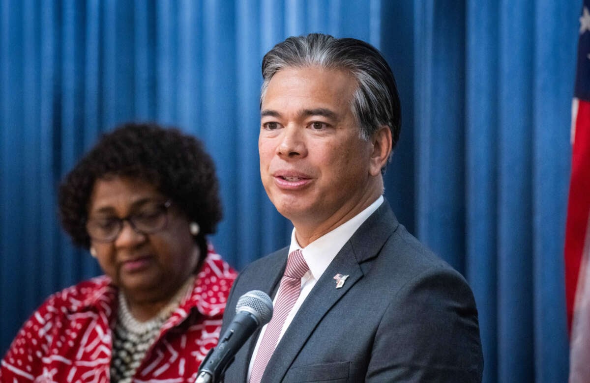 California Attorney General Rob Bonta speaks at a press conference with Secretary of State Shirley Weber in Los Angeles on April 15, 2024.