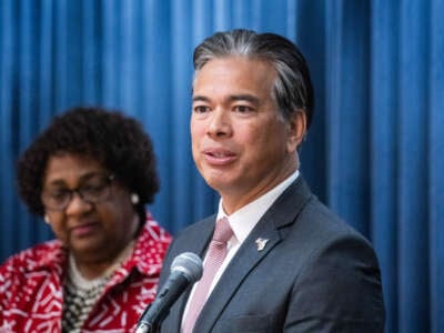 California Attorney General Rob Bonta speaks at a press conference with Secretary of State Shirley Weber in Los Angeles on April 15, 2024.