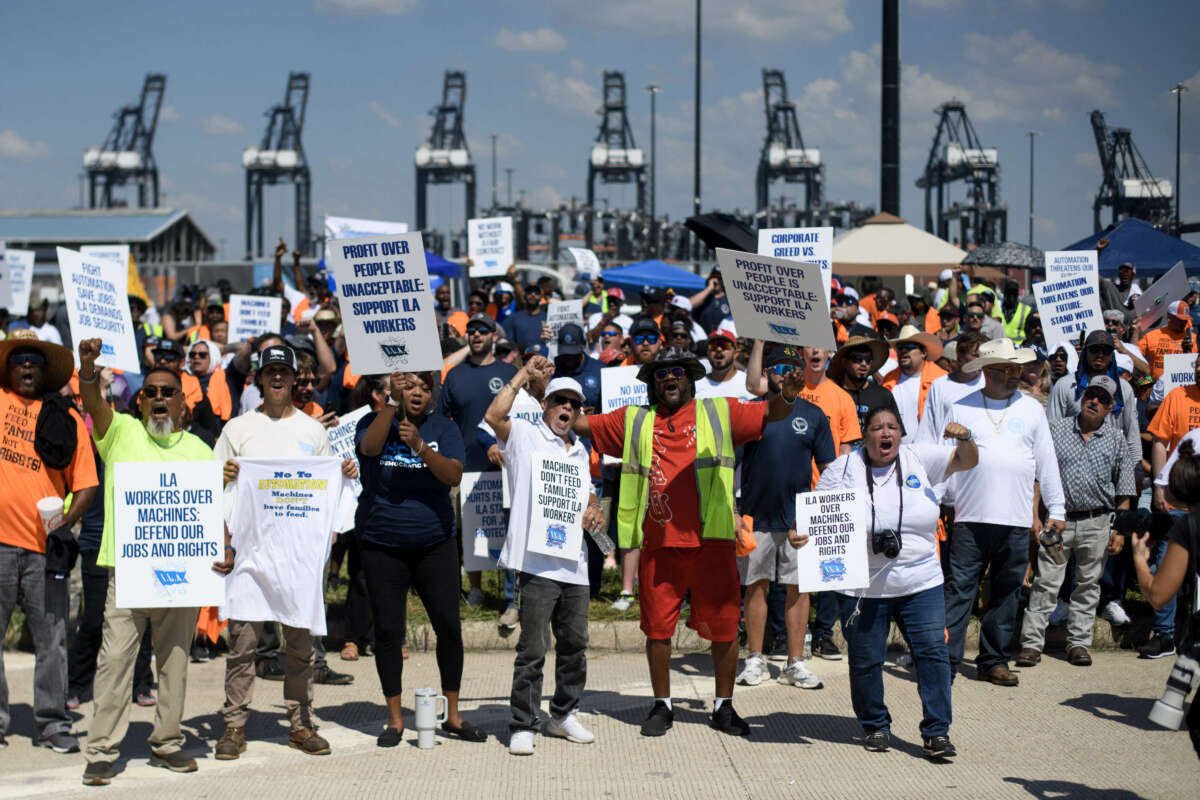 Dockworkers gather at the Bayport Container Terminal in Seabrook, Texas, on October 1, 2024.