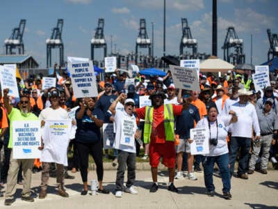 Dockworkers gather at the Bayport Container Terminal in Seabrook, Texas, on October 1, 2024.