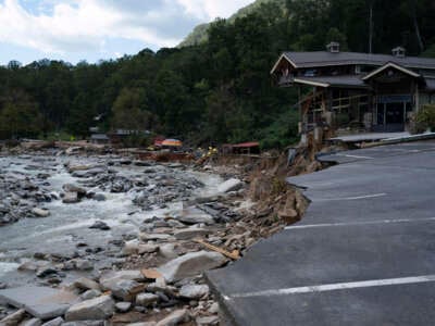 Damaged structures are seen along the Broad River in downtown Chimney Rock, North Carolina, on October 2, 2024, after the passage of Hurricane Helene.