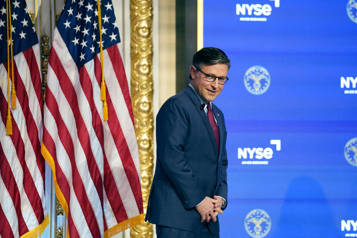 House Speaker Mike Johnson arrives to speak at the New York Stock Exchange in New York City on October 1, 2024.