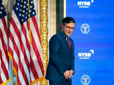 House Speaker Mike Johnson arrives to speak at the New York Stock Exchange in New York City on October 1, 2024.