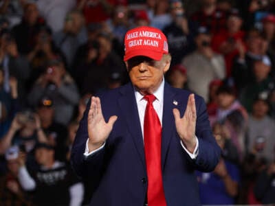 Former President and Republican presidential candidate Donald Trump speaks during a campaign rally at the Dodge County airport in Juneau, Wisconsin, on October 6, 2024.