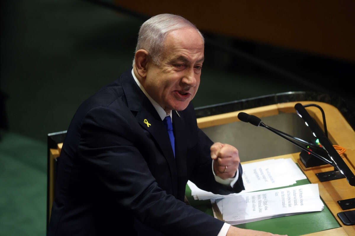 Israeli Prime Minister Benjamin Netanyahu addresses world leaders during the United Nations General Assembly at the United Nations headquarters on September 27, 2024, in New York City.