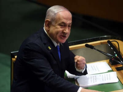 Israeli Prime Minister Benjamin Netanyahu addresses world leaders during the United Nations General Assembly at the United Nations headquarters on September 27, 2024, in New York City.