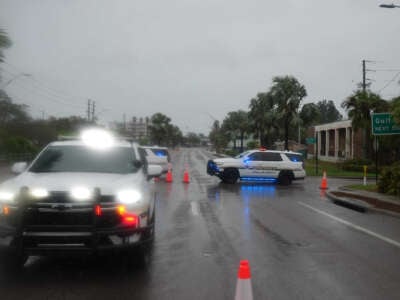 A crossing from Largo to Indian Rocks Beach on the Gulf of Mexico is closed ahead of Hurricane Milton's expected landfall on October 9, 2024, in Florida.