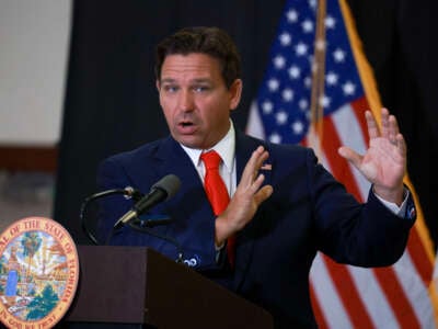 Florida Gov. Ron DeSantis speaks during a press conference on September 17, 2024, in West Palm Beach, Florida.