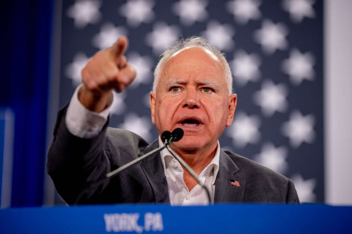 Democratic vice presidential candidate Minnesota Gov. Tim Walz speaks at a rally at York Exposition Center UPMC Arena on October 2, 2024, in York, Pennsylvania.